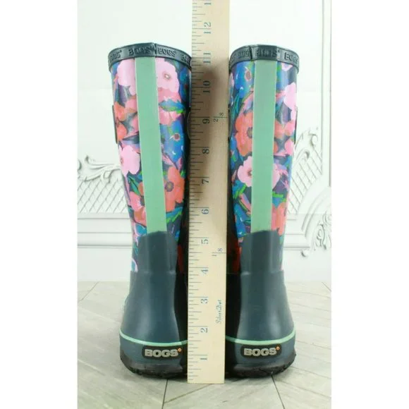 Bogs Pansies Blue Rubber Pull On Floral Waterproof Rain Boots Size 4 Youth - Picture 6 of 9